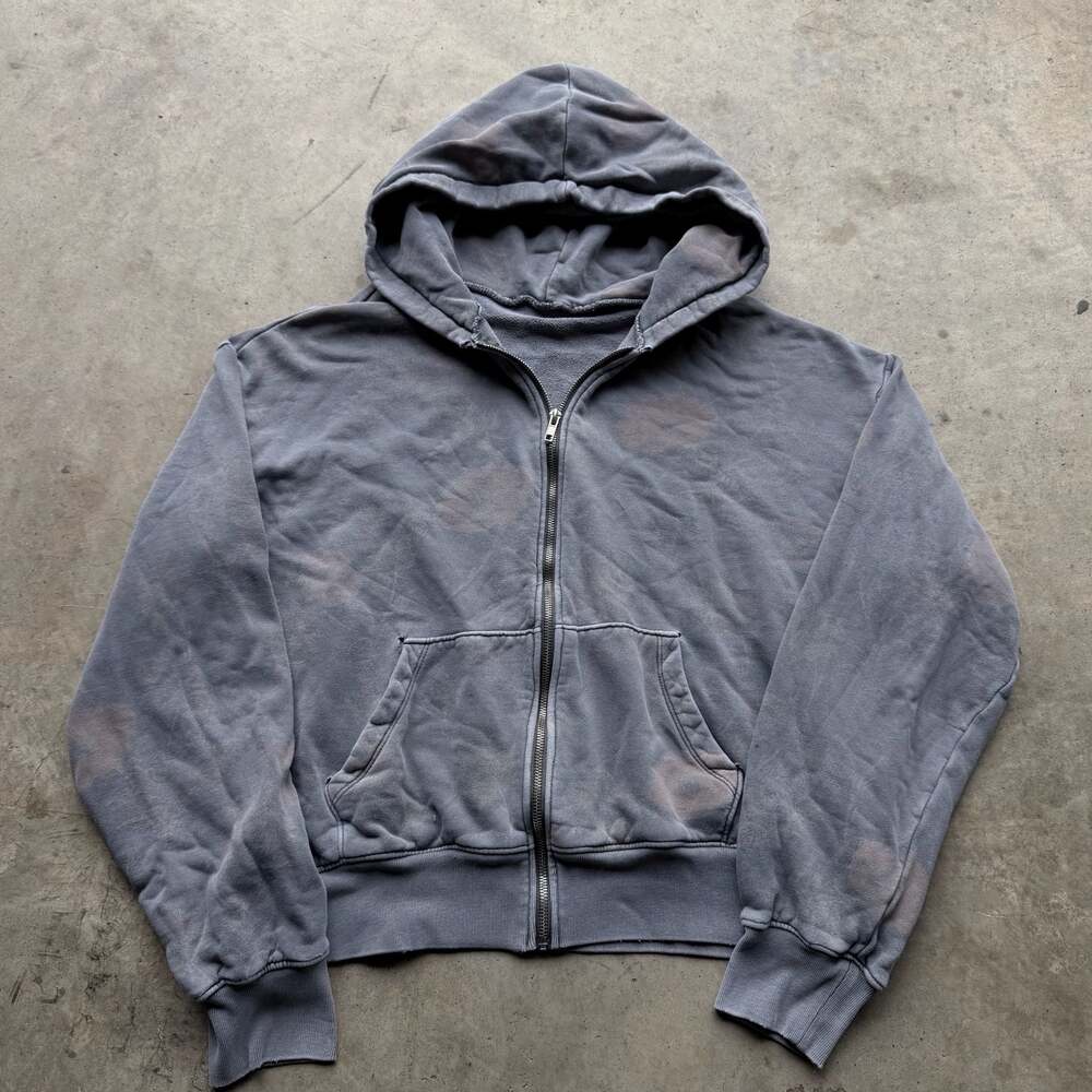 grey distressed faded floral graphic zip up hoodie
